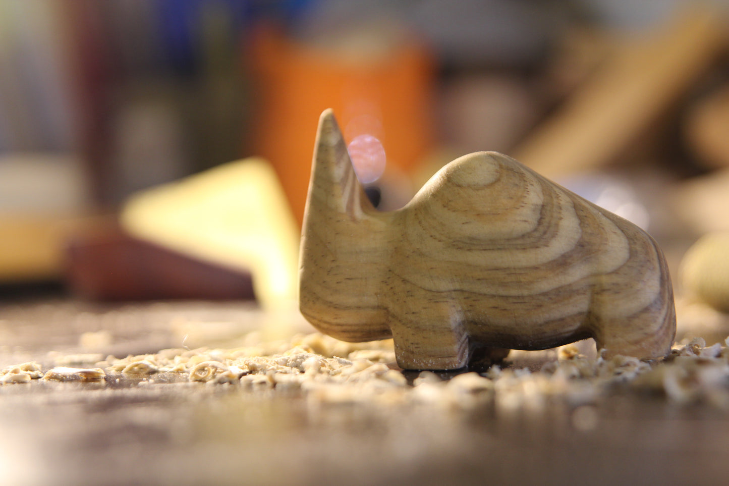 Hand-Carved Wooden Abstract Rhino Sculpture