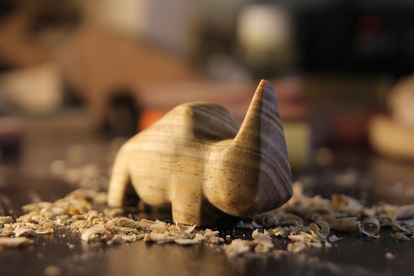 Hand-Carved Wooden Abstract Rhino Sculpture