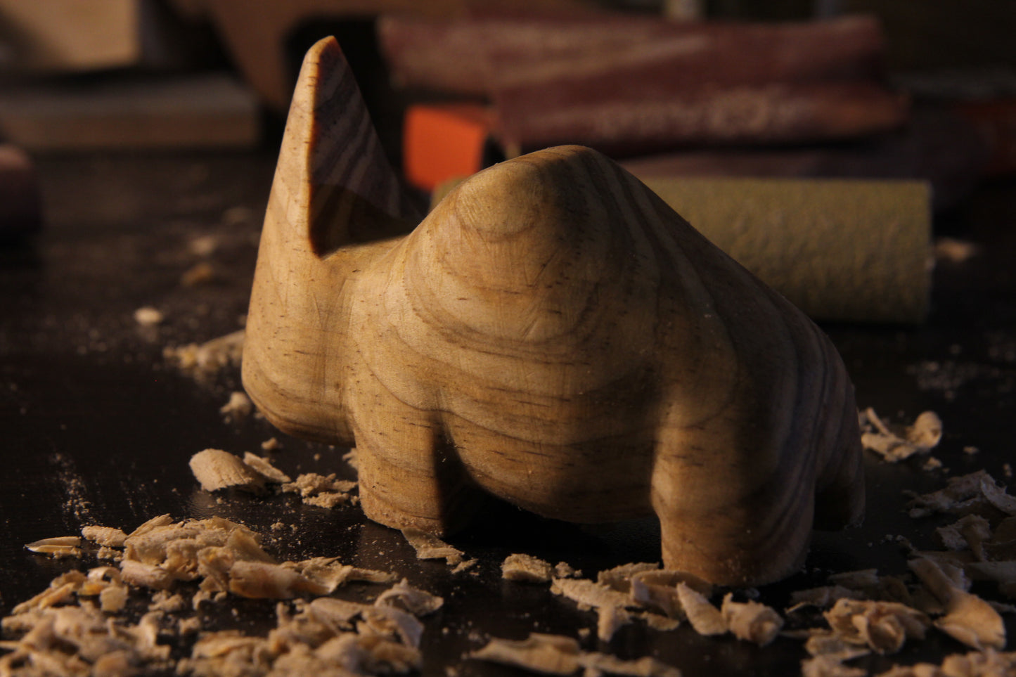 Hand-Carved Wooden Abstract Rhino Sculpture