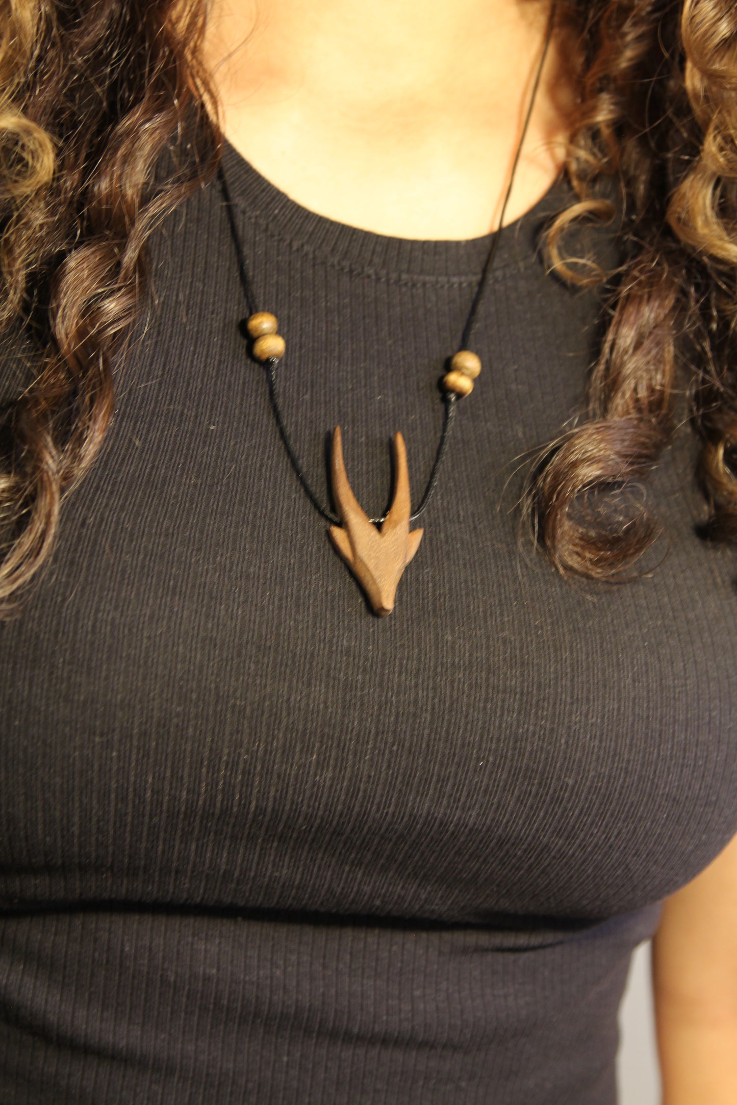 Hand-Carved Wooden Gazelle Antler Pendant Necklace